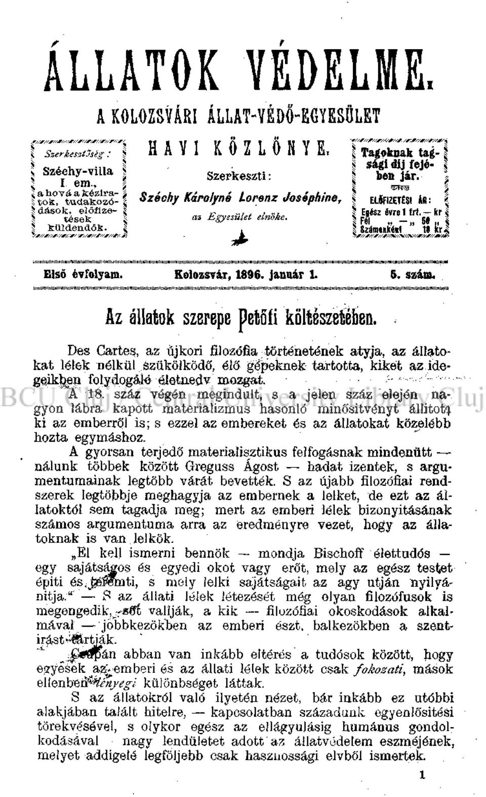 január 1. 5. szám. Az állatok szerepe petofi köllészeíében.