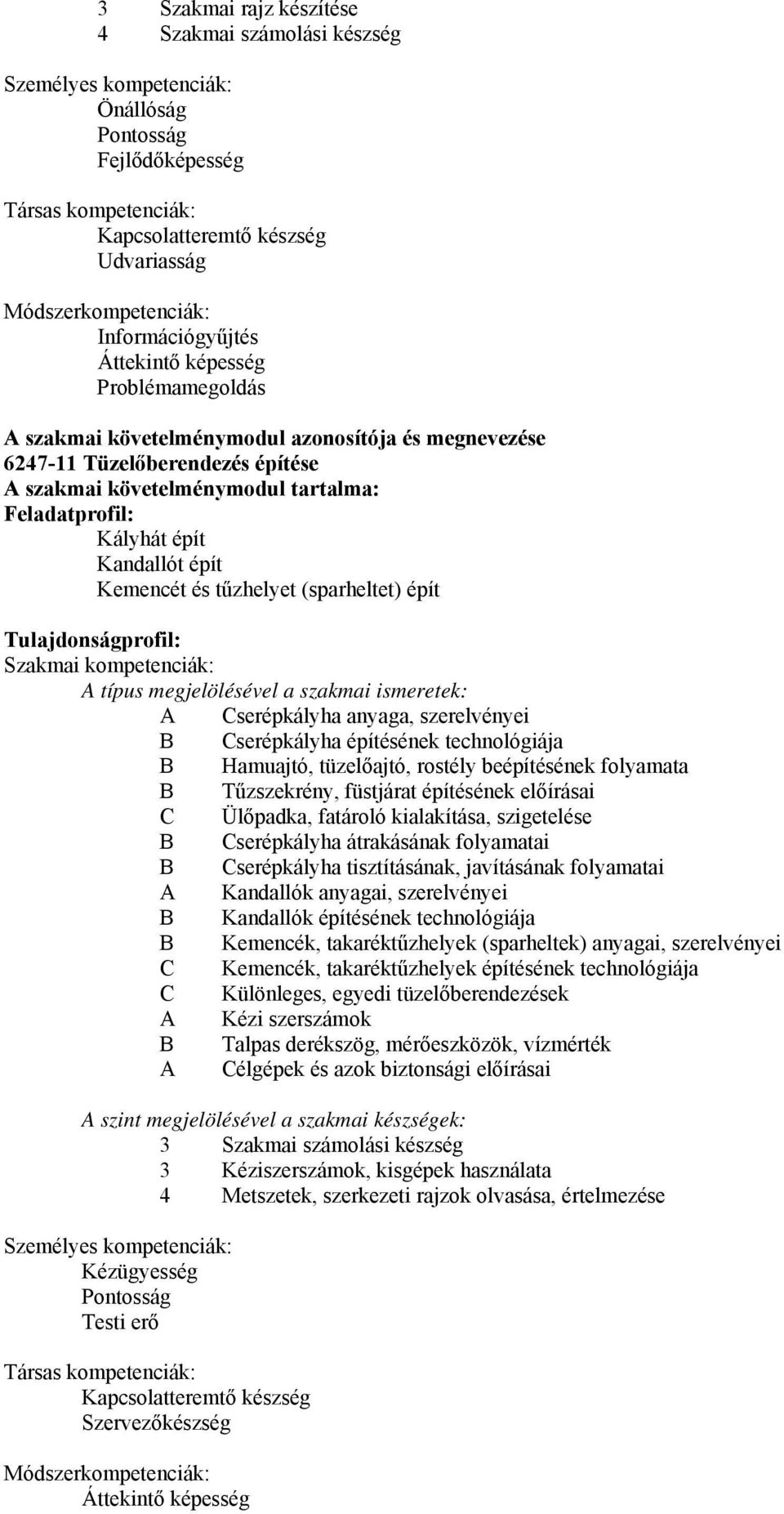 Kályhát épít Kandallót épít Kemencét és tűzhelyet (sparheltet) épít Tulajdonságprofil: Szakmai kompetenciák: A típus megjelölésével a szakmai ismeretek: A Cserépkályha anyaga, szerelvényei B