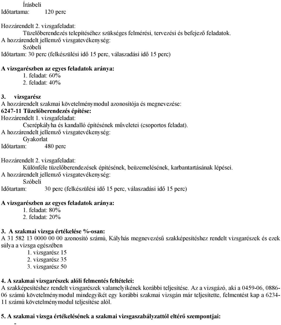 vizsgarész A hozzárendelt szakmai követelménymodul azonosítója és megnevezése: 6247-11 Tüzelőberendezés építése: Hozzárendelt 1.