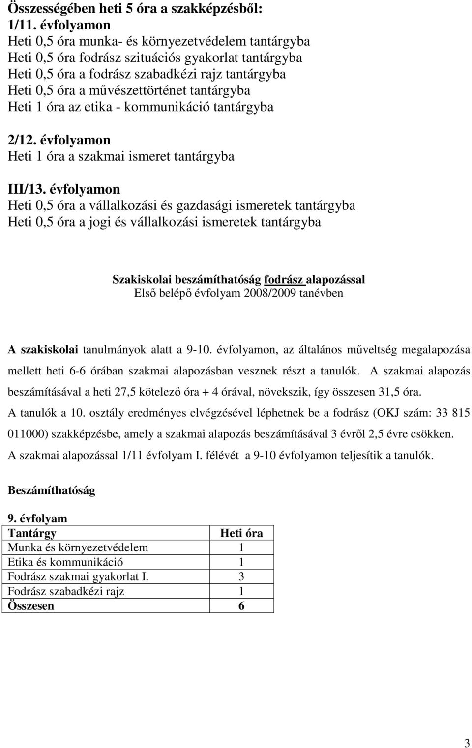 tantárgyba Heti 1 óra az etika - kommunikáció tantárgyba 2/12. évfolyamon Heti 1 óra a szakmai ismeret tantárgyba III/13.