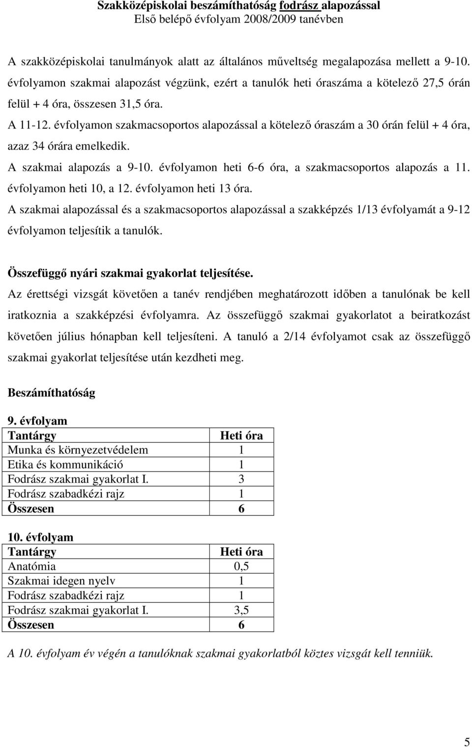 évfolyamon szakmacsoportos alapozással a kötelezı óraszám a 30 órán felül + 4 óra, azaz 34 órára emelkedik. A szakmai alapozás a 9-10. évfolyamon heti 6-6 óra, a szakmacsoportos alapozás a 11.