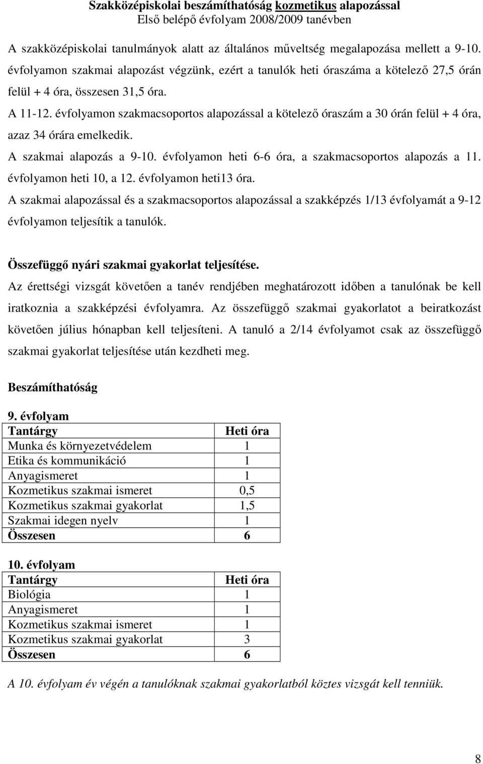 évfolyamon szakmacsoportos alapozással a kötelezı óraszám a 30 órán felül + 4 óra, azaz 34 órára emelkedik. A szakmai alapozás a 9-10. évfolyamon heti 6-6 óra, a szakmacsoportos alapozás a 11.