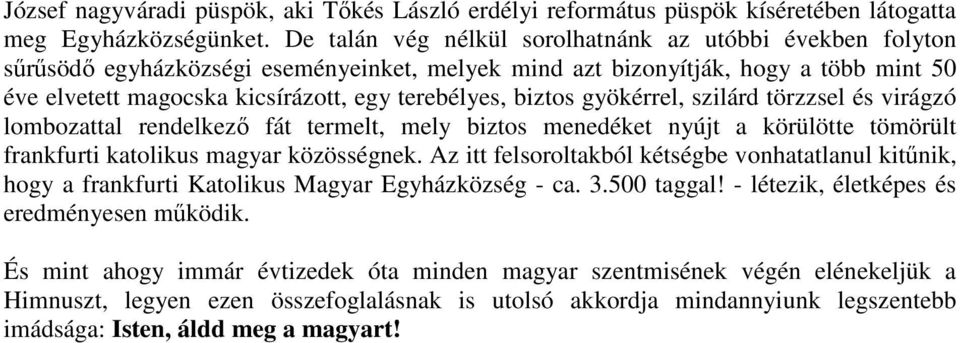 biztos gyökérrel, szilárd törzzsel és virágzó lombozattal rendelkező fát termelt, mely biztos menedéket nyújt a körülötte tömörült frankfurti katolikus magyar közösségnek.