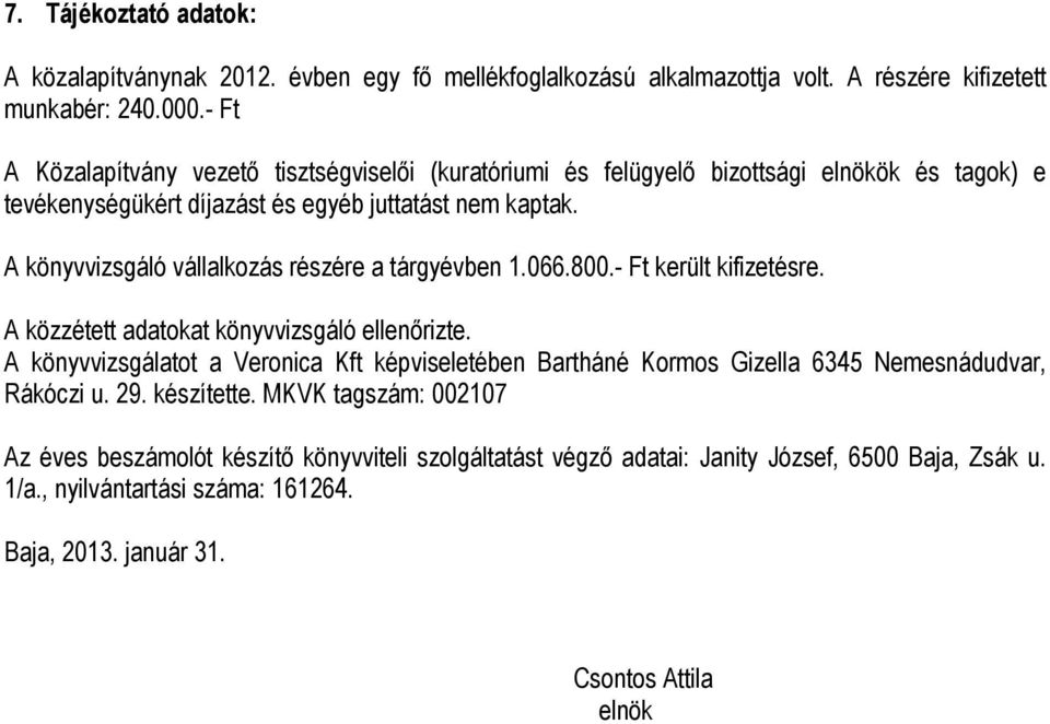 A könyvvizsgáló vállalkozás részére a tárgyévben 1.066.800.- Ft került kifizetésre. A közzétett adatokat könyvvizsgáló ellenőrizte.