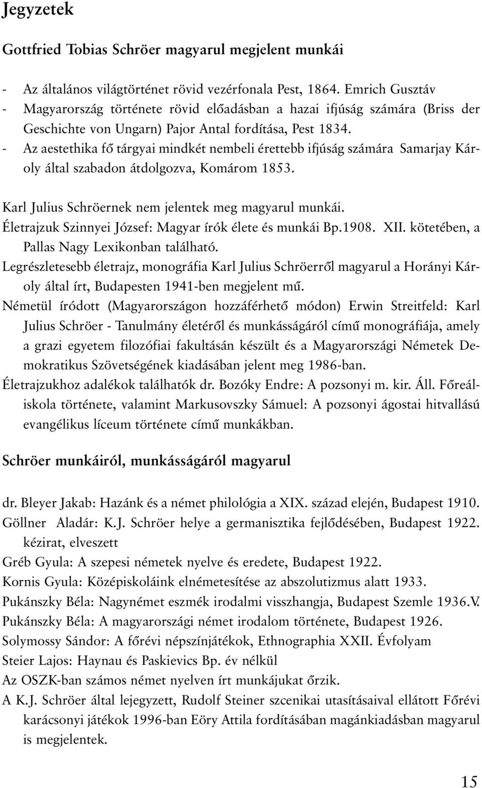 - Az aestethika fõ tárgyai mindkét nembeli érettebb ifjúság számára Samarjay Károly által szabadon átdolgozva, Komárom 1853. Karl Julius Schröernek nem jelentek megmagyarul munkái.