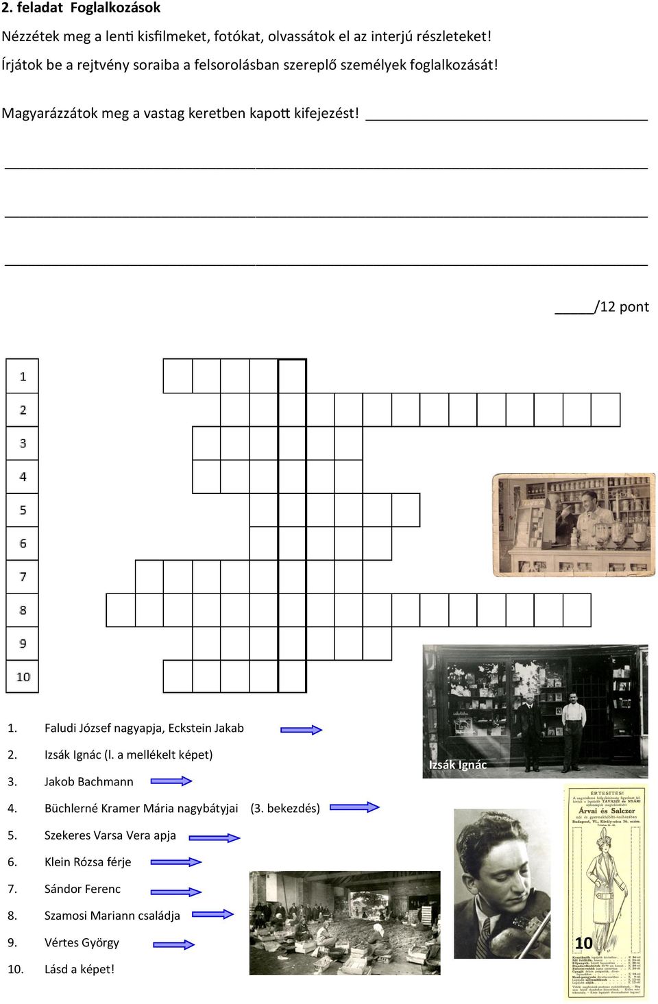 /12 pont 1. Faludi József nagyapja, Eckstein Jakab 2. Izsák Ignác (l. a mellékelt képet) 3. Jakob Bachmann Izsák Ignác 4.