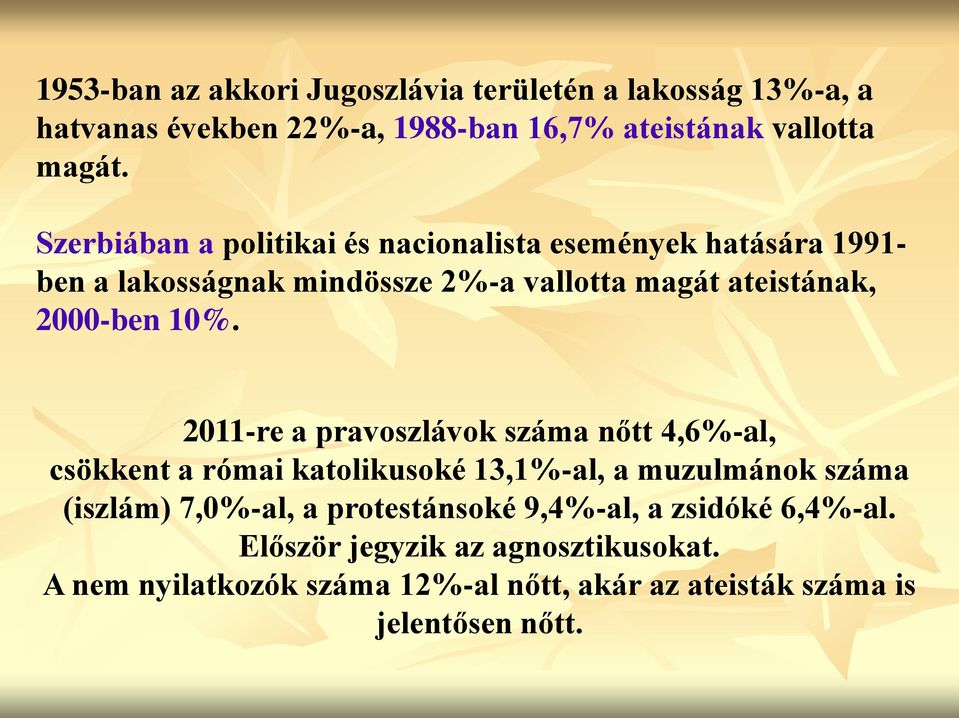 10%. 2011-re a pravoszlávok száma nőtt 4,6%-al, csökkent a római katolikusoké 13,1%-al, a muzulmánok száma (iszlám) 7,0%-al, a