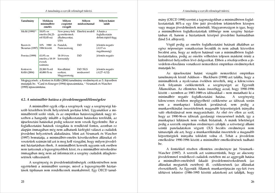 Magyarország Milyen módszertannal Milyen hatást talált Elméleti modell A hatás a foglalkoztatás definíciójától függ DiD DiD DiD 3SLS módszerrel Jelentős negatív (-0,17-es rugalmasság) Jelentős