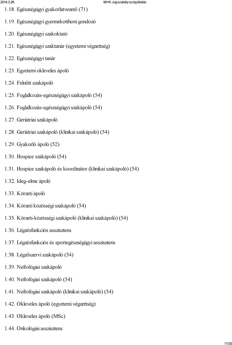 Geriátriai szakápoló (klinikai szakápoló) (54) 1.29. Gyakorló ápoló (52) 1.30. Hospice szakápoló (54) 1.31. Hospice szakápoló és koordinátor (klinikai szakápoló) (54) 1.32. Ideg-elme ápoló 1.33.