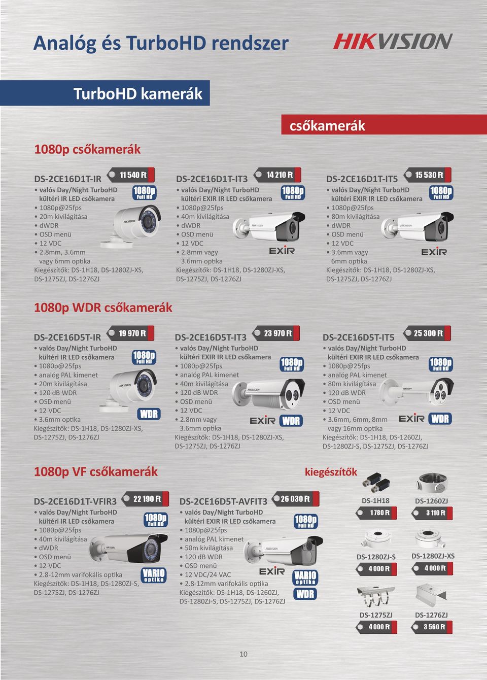 6mm optika Kiegészítők: DS-1H18, DS-1280ZJ-XS, 1080p VF csőkamerák 14 210 Ft DS-2CE16D1T-IT3 kültéri EXIR IR LED csőkamera 40m kivilágítása 2.8mm vagy 3.