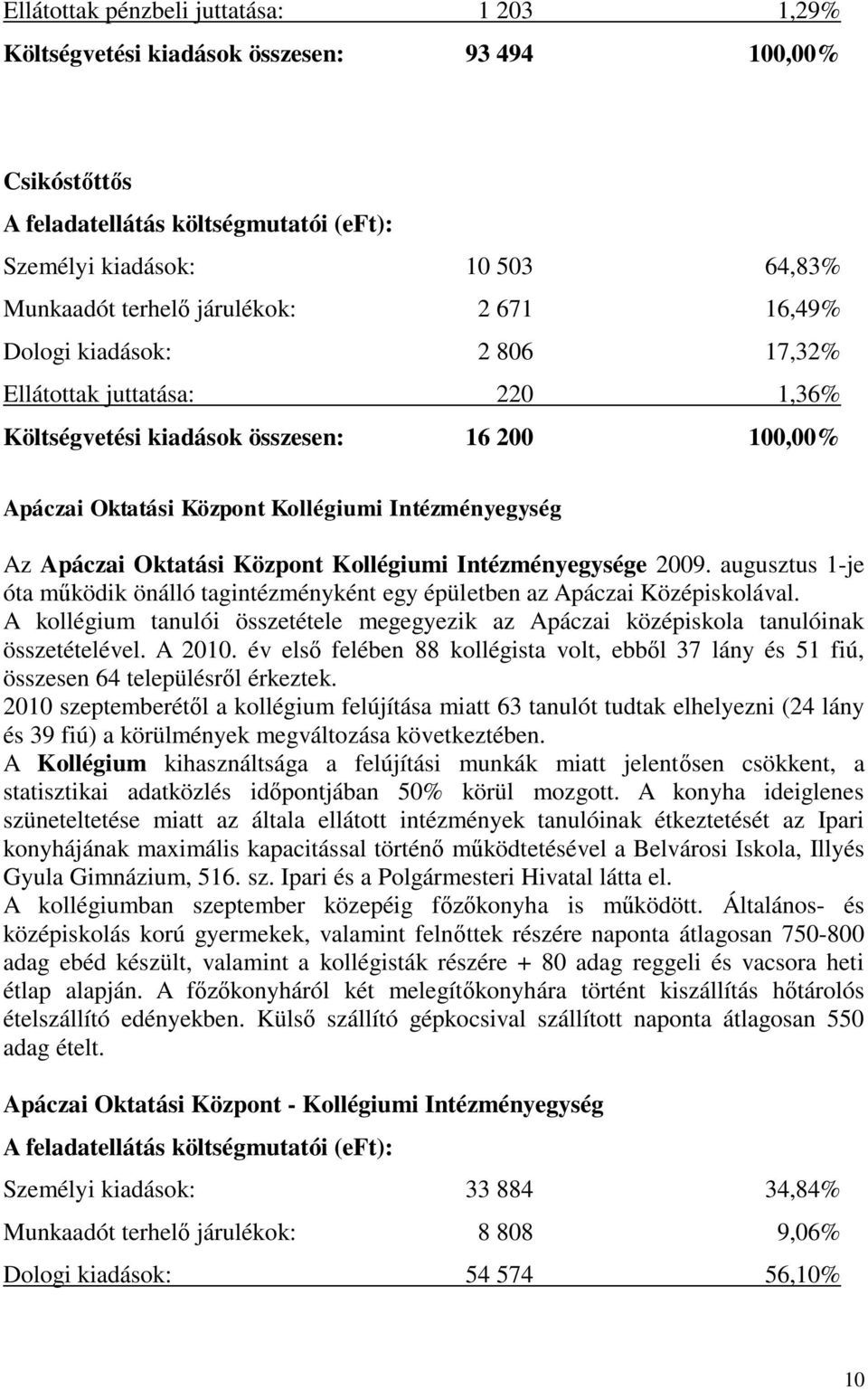 Oktatási Központ Kollégiumi Intézményegysége 2009. augusztus 1-je óta működik önálló tagintézményként egy épületben az Apáczai Középiskolával.