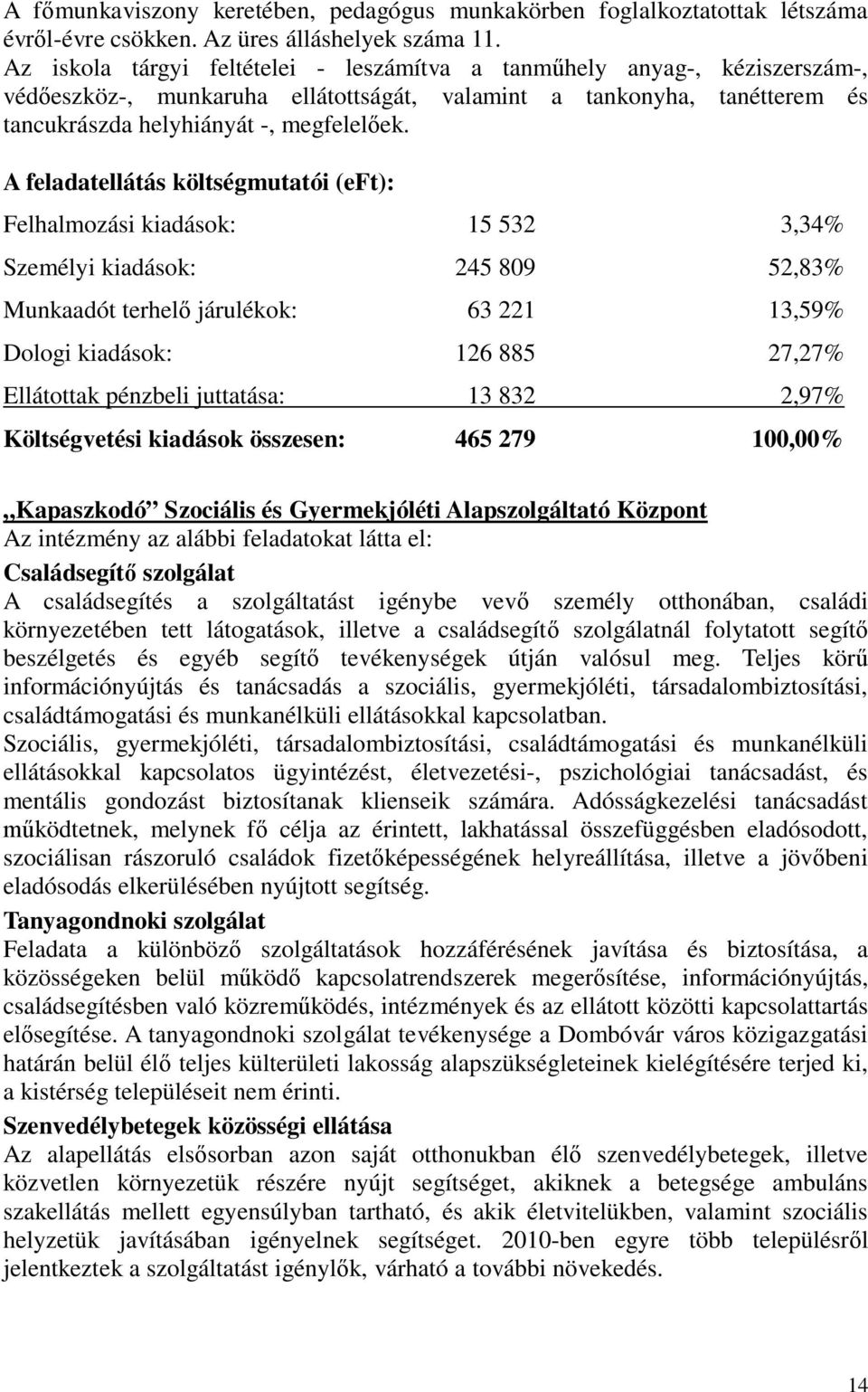 A feladatellátás költségmutatói (eft): Felhalmozási kiadások: 15 532 3,34% Személyi kiadások: 245 809 52,83% Munkaadót terhelő járulékok: 63 221 13,59% Dologi kiadások: 126 885 27,27% Ellátottak