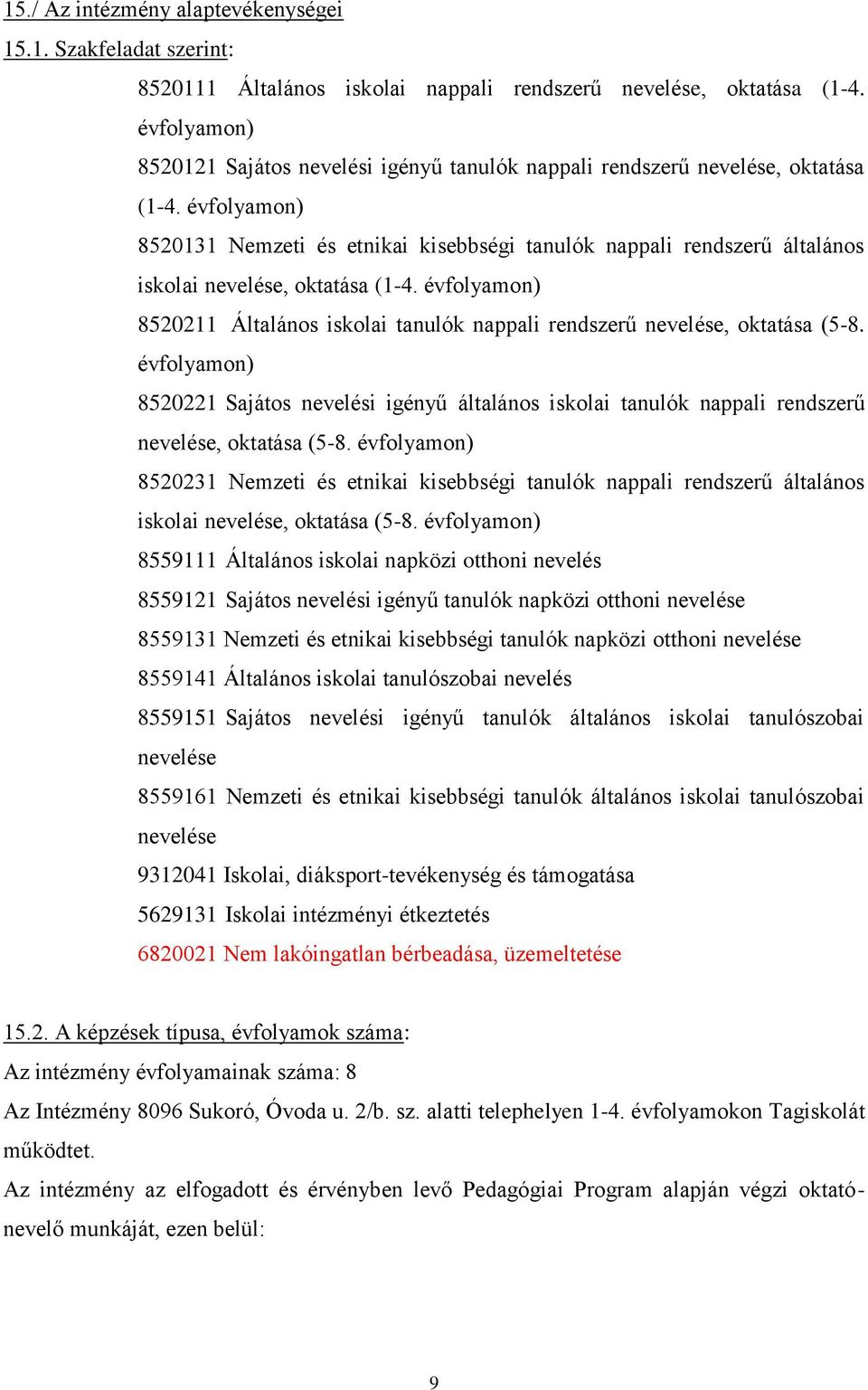 évfolyamon) 8520131 Nemzeti és etnikai kisebbségi tanulók nappali rendszerű általános iskolai nevelése, oktatása (1-4.