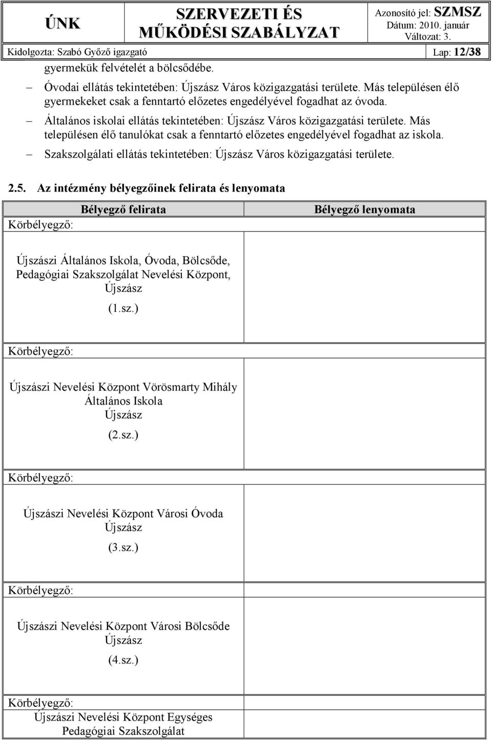 Általános iskolai ellátás tekintetében: Újszász Város közigazgatási területe. Más településen élı tanulókat csak a fenntartó elızetes engedélyével fogadhat az iskola.