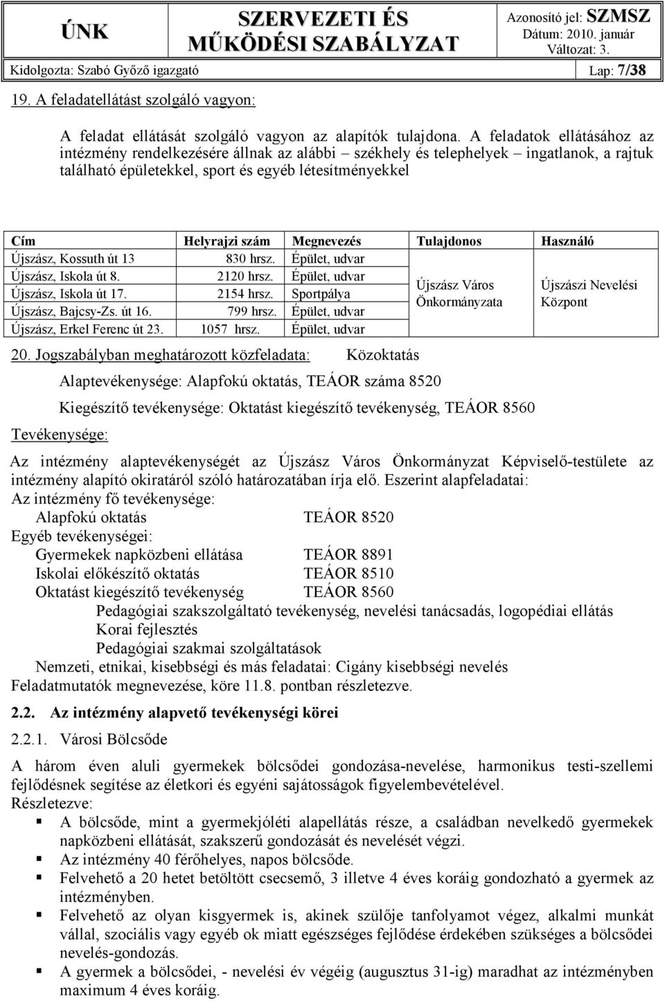 A feladatok ellátásához az intézmény rendelkezésére állnak az alábbi székhely és telephelyek ingatlanok, a rajtuk található épületekkel, sport és egyéb létesítményekkel Cím Helyrajzi szám Megnevezés