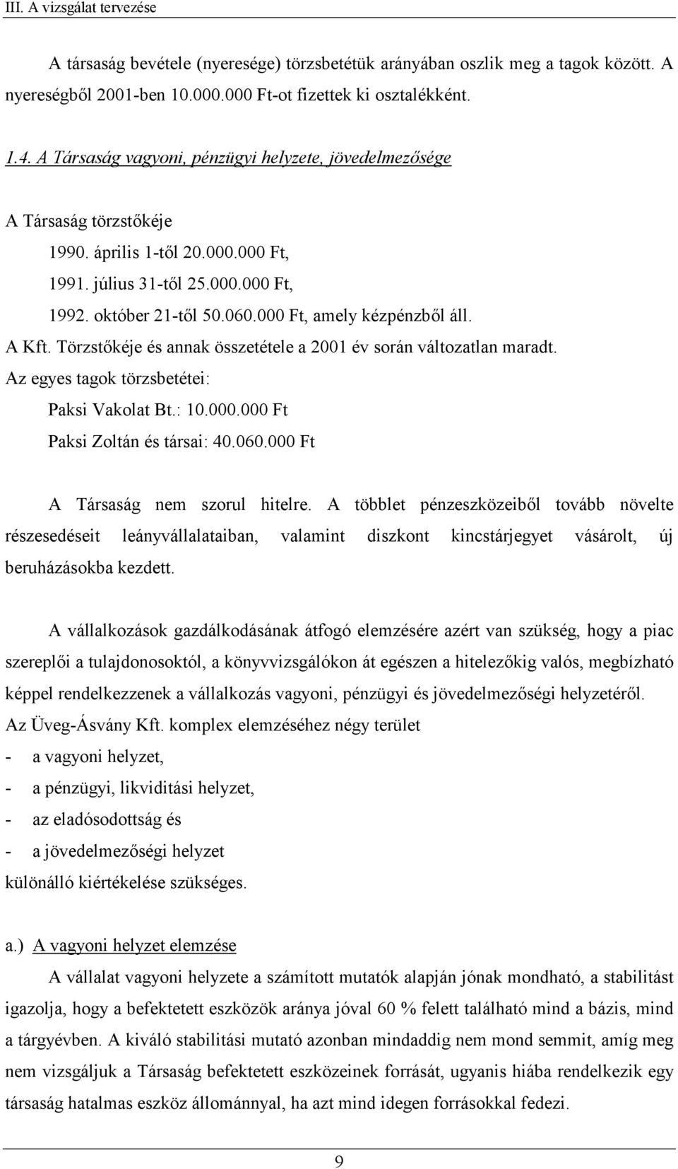 A Kft. Törzstkéje és annak összetétele a 2001 év során változatlan maradt. Az egyes tagok törzsbetétei: Paksi Vakolat Bt.: 10.000.000 Ft Paksi Zoltán és társai: 40.060.