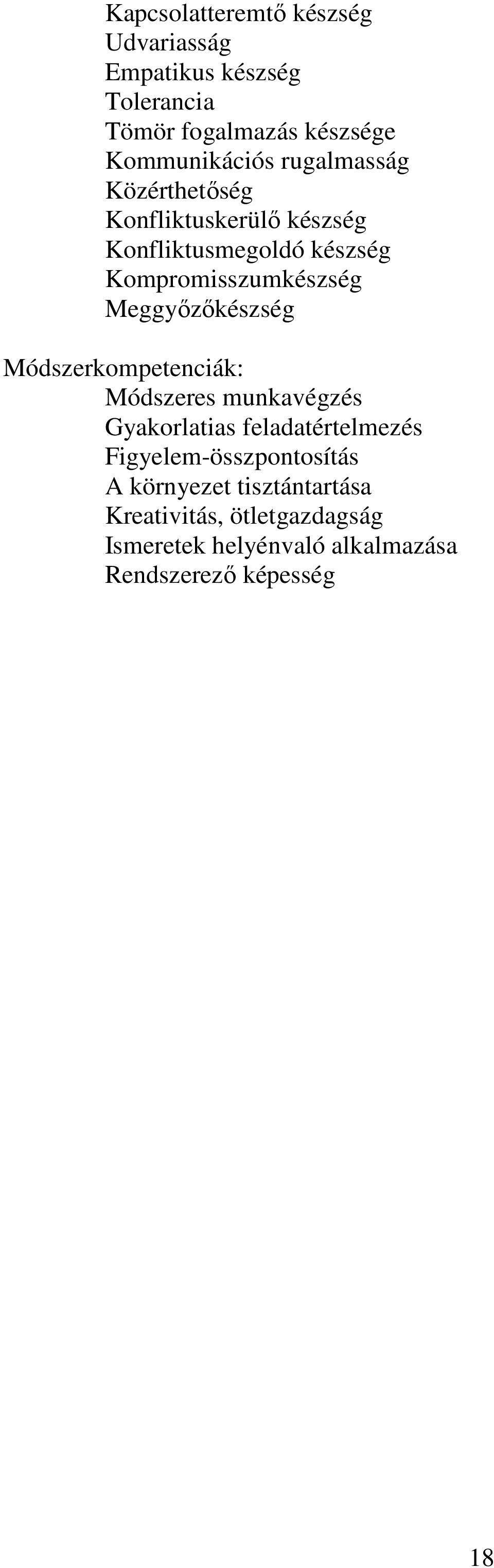 Meggyőzőkészség Módszerkompetenciák: Módszeres munkavégzés Gyakorlatias feladatértelmezés