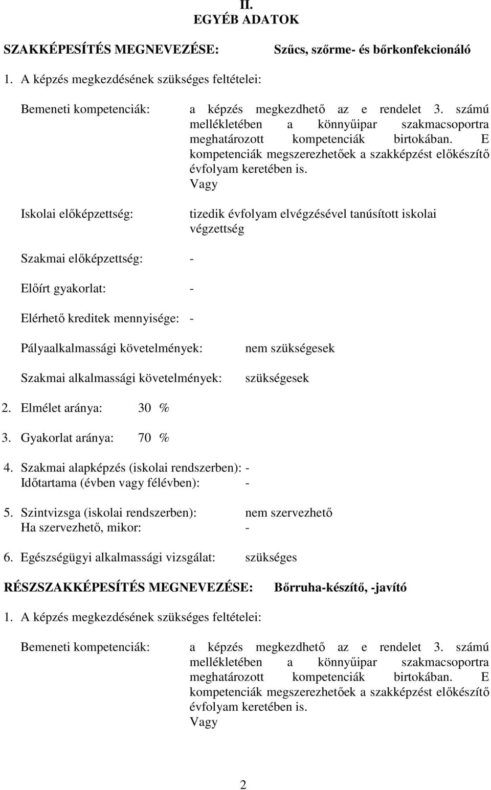 számú mellékletében a könnyűipar szakmacsoportra meghatározott kompetenciák birtokában. E kompetenciák megszerezhetőek a szakképzést előkészítő évfolyam keretében is.