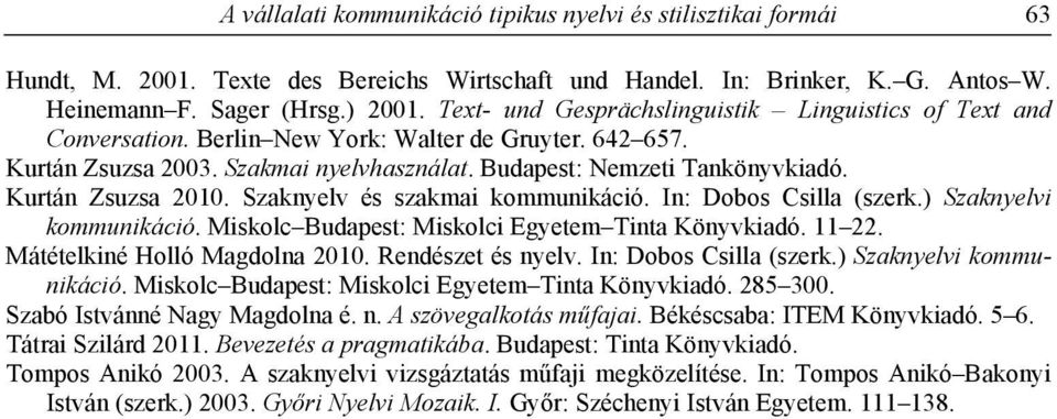 Kurtán Zsuzsa 2010. Szaknyelv és szakmai kommunikáció. In: Dobos Csilla (szerk.) Szaknyelvi kommunikáció. Miskolc Budapest: Miskolci Egyetem Tinta Könyvkiadó. 11 22. Mátételkiné Holló Magdolna 2010.