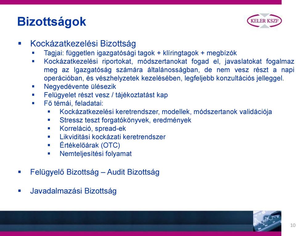 Negyedévente ülésezik Felügyelet részt vesz / tájékoztatást kap Fő témái, feladatai: Kockázatkezelési keretrendszer, modellek, módszertanok validációja Stressz teszt