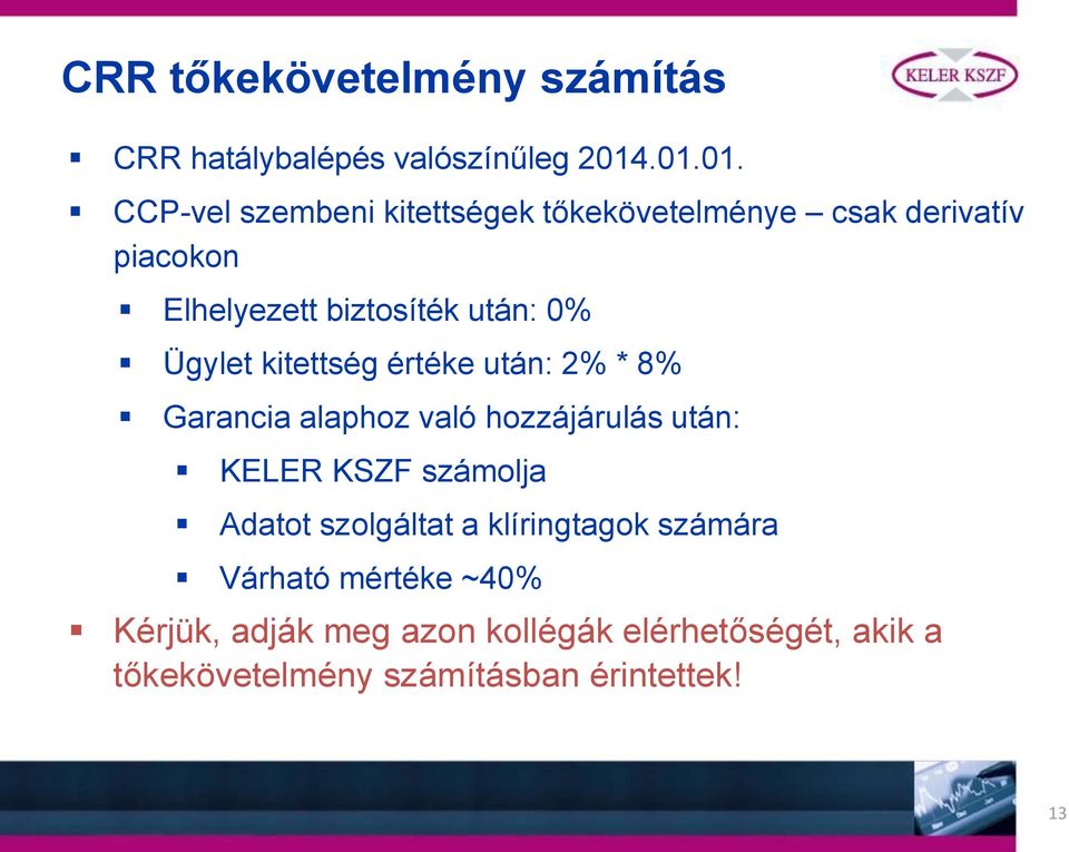 0% Ügylet kitettség értéke után: 2% * 8% Garancia alaphoz való hozzájárulás után: KELER KSZF számolja