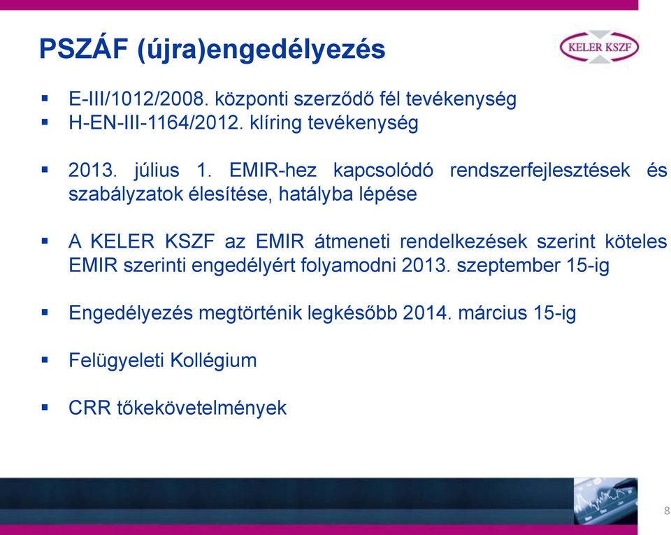 EMIR-hez kapcsolódó rendszerfejlesztések és szabályzatok élesítése, hatályba lépése A KELER KSZF az EMIR