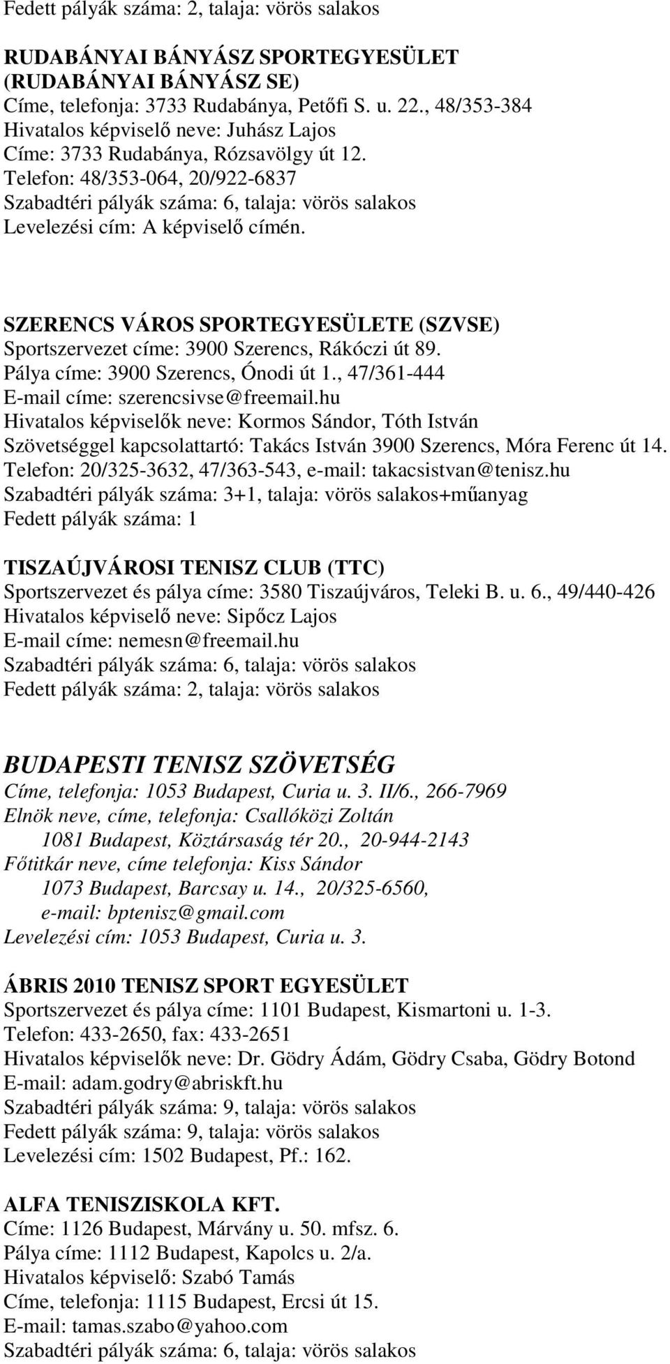 , 47/361-444 E-mail címe: szerencsivse@freemail.hu Hivatalos képviselık neve: Kormos Sándor, Tóth István Szövetséggel kapcsolattartó: Takács István 3900 Szerencs, Móra Ferenc út 14.