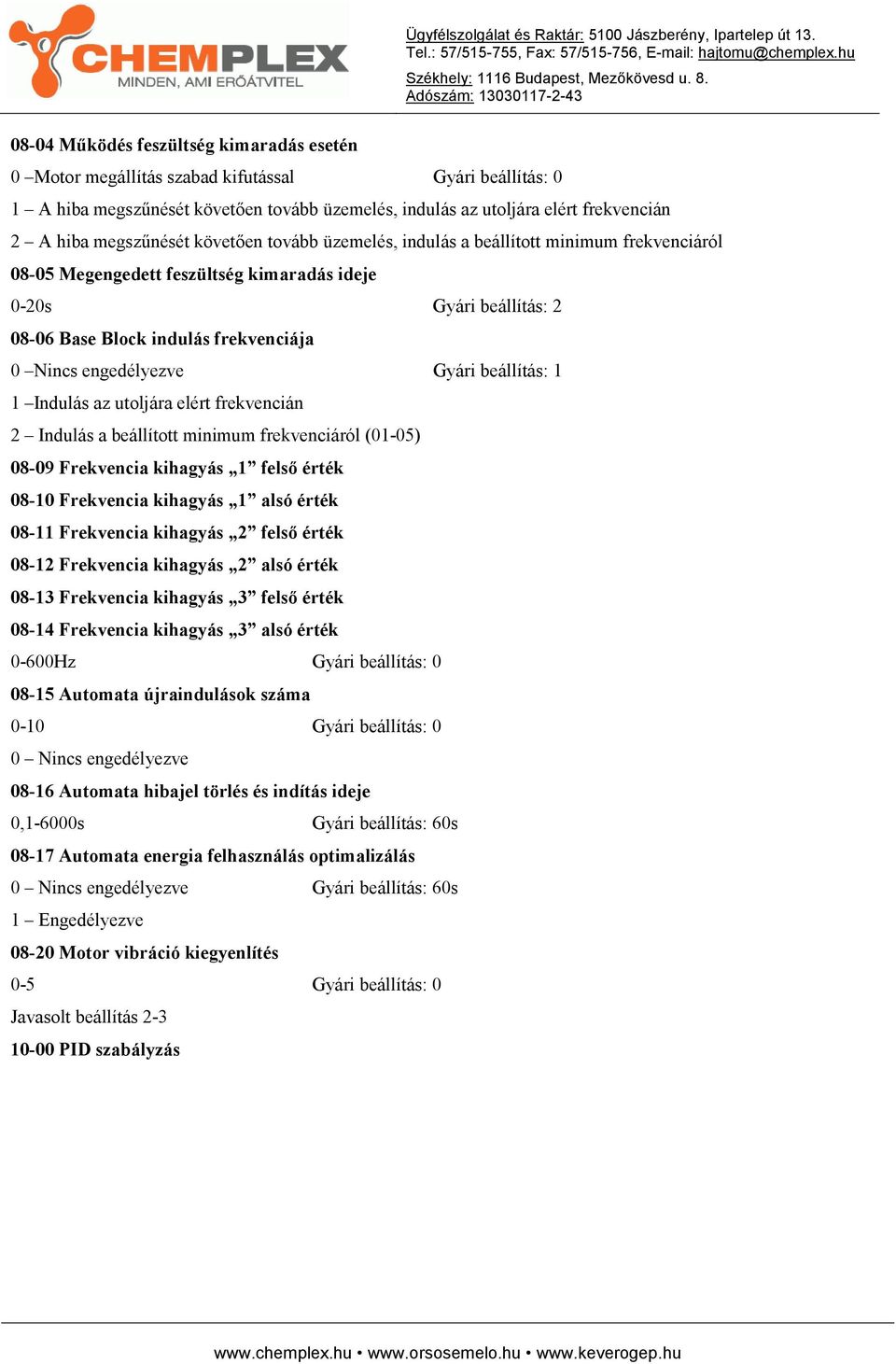 engedélyezve Gyári beállítás: 1 1 Indulás az utoljára elért frekvencián 2 Indulás a beállított minimum frekvenciáról (01-05) 08-09 Frekvencia kihagyás 1 felső érték 08-10 Frekvencia kihagyás 1 alsó