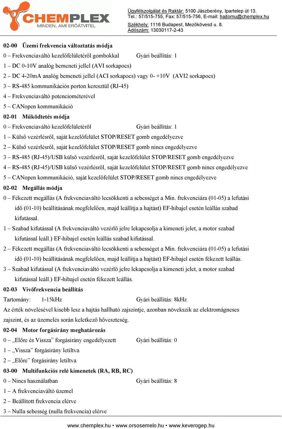 kezelőfelületéről Gyári beállítás: 1 1 Külső vezérlésről, saját kezelőfelület STOP/RESET gomb engedélyezve 2 Külső vezérlésről, saját kezelőfelület STOP/RESET gomb nincs engedélyezve 3 RS-485