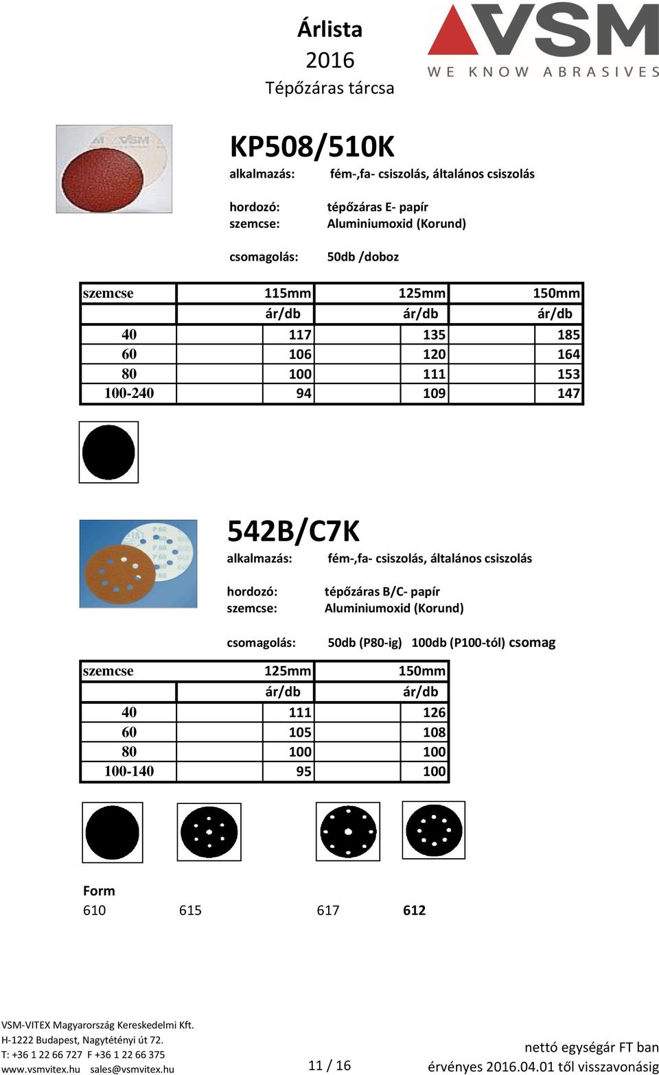 fém-,fa- csiszolás, általános csiszolás tépőzáras B/C- papír 50db (P-ig) 100db (P100-tól) csomag 125mm 150mm ár/db ár/db 100-1 542K D125 610KE 111 542K D150 610KE 126 542K D125 610KE 105