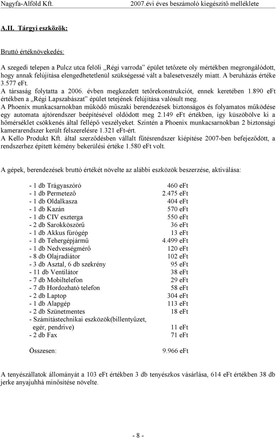 balesetveszély miatt. A beruházás értéke 3.577 eft. A társaság folytatta a 2006. évben megkezdett tetőrekonstrukciót, ennek keretében 1.