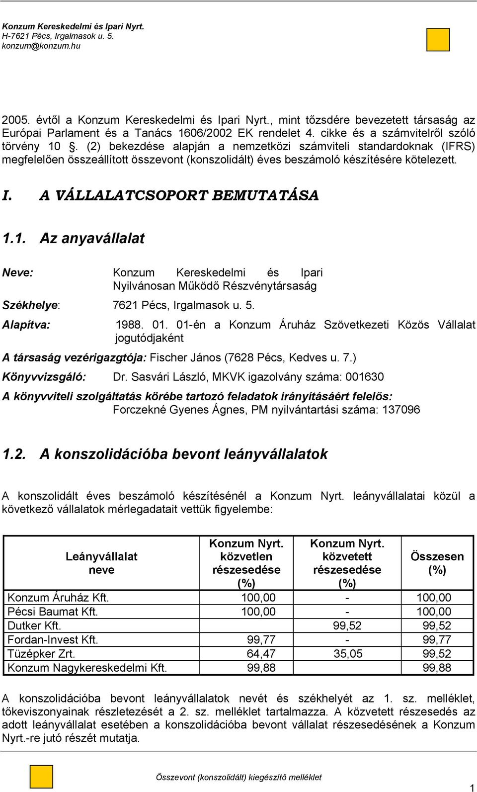 I. A VÁLLALATCSOPORT BEMUTATÁSA 1.1. Az anyavállalat Neve: Konzum Kereskedelmi és Ipari Nyilvánosan Működő Részvénytársaság Székhelye: 7621 Pécs, Irgalmasok u. 5. Alapítva: 1988. 01.