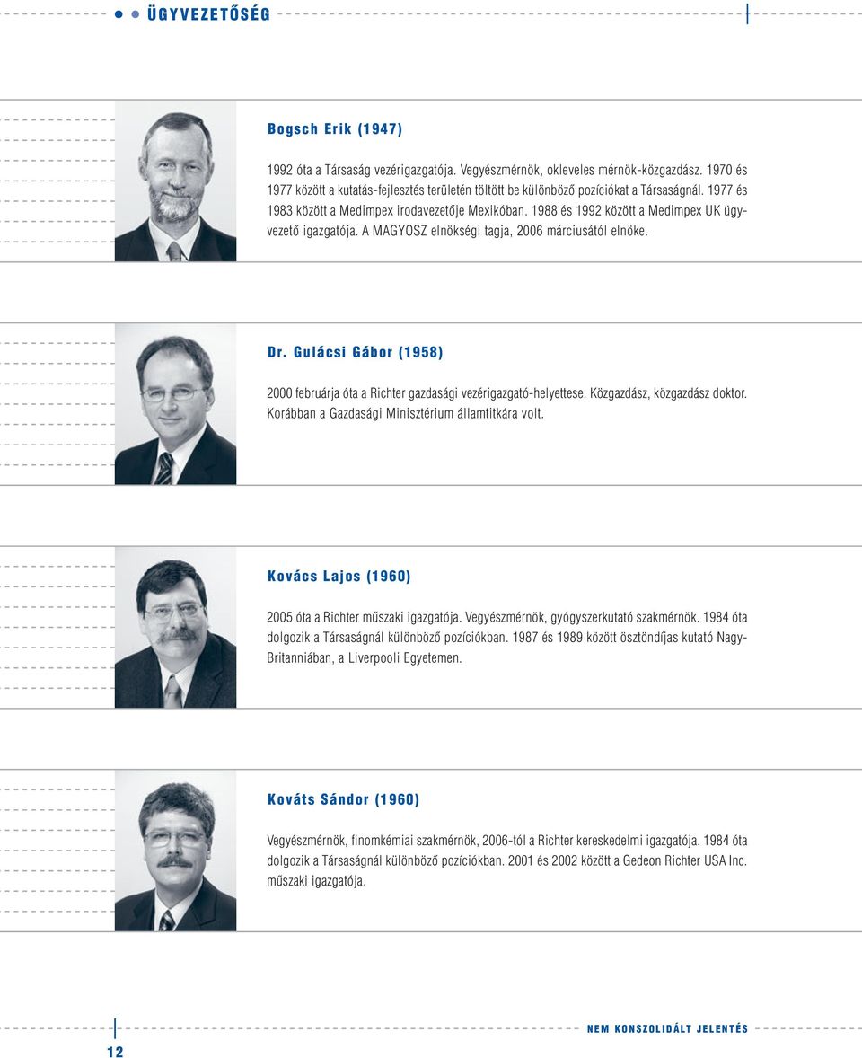 1988 és 1992 között a Medimpex UK ügyvezetô igazgatója. A MAGYOSZ elnökségi tagja, 2006 márciusától elnöke. Dr. Gulácsi Gábor (1958) 2000 februárja óta a Richter gazdasági vezérigazgató-helyettese.
