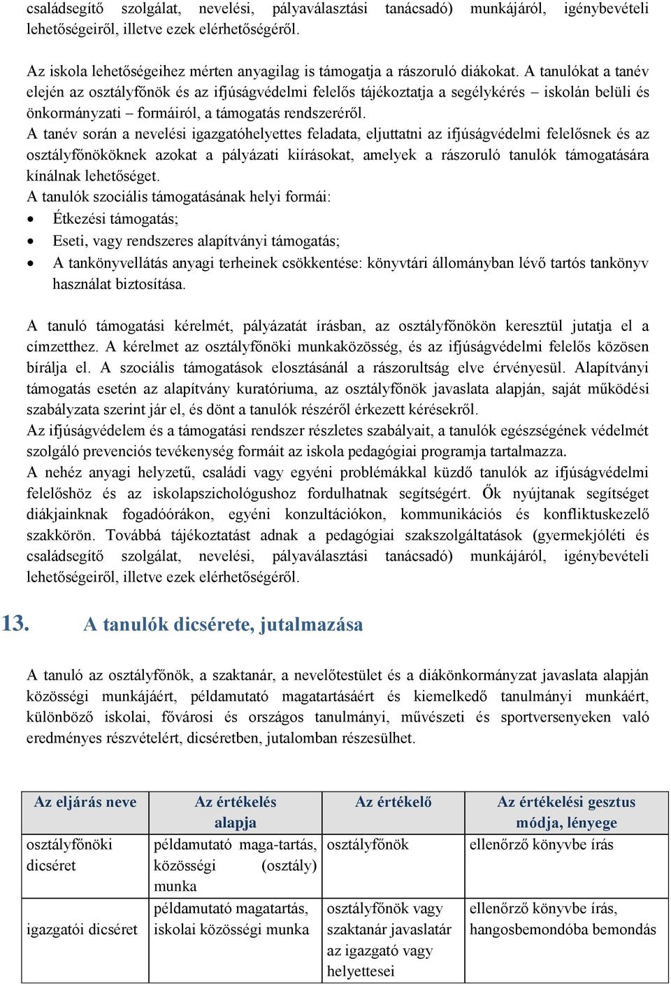 A tanulókat a tanév elején az osztályfőnök és az ifjúságvédelmi felelős tájékoztatja a segélykérés iskolán belüli és önkormányzati formáiról, a támogatás rendszeréről.