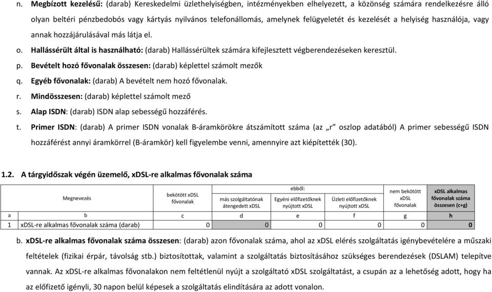 Hallássérült által is használható: (darab) Hallássérültek számára kifejlesztett végberendezéseken keresztül. p. Bevételt hozó fővonalak összesen: (darab) képlettel számolt mezők q.