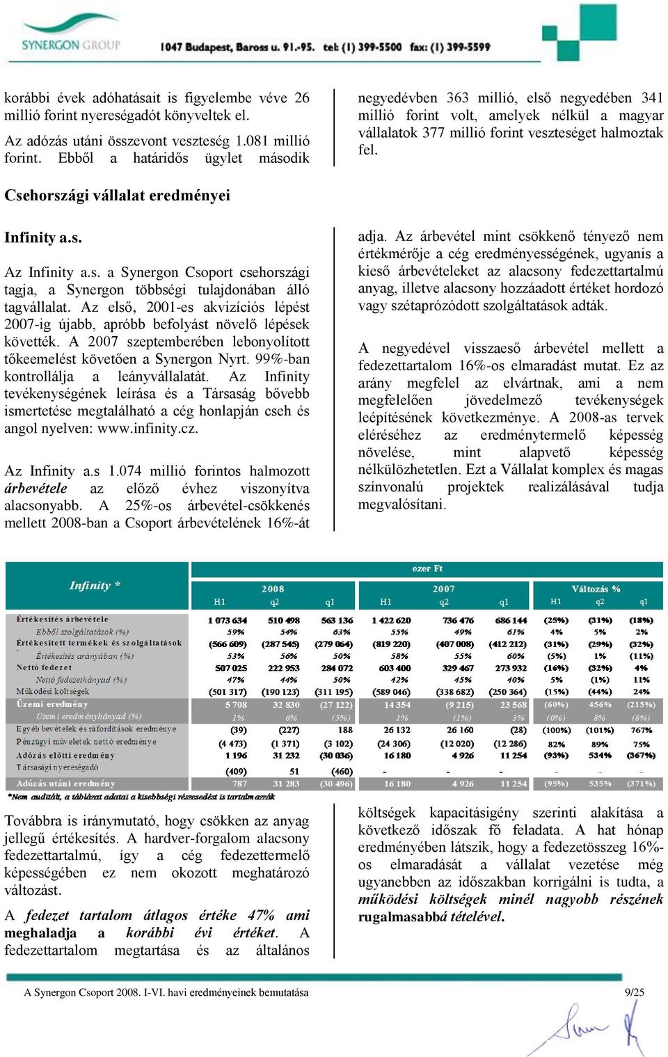 Csehországi vállalat eredményei Infinity a.s. Az Infinity a.s. a Synergon Csoport csehországi tagja, a Synergon többségi tulajdonában álló tagvállalat.