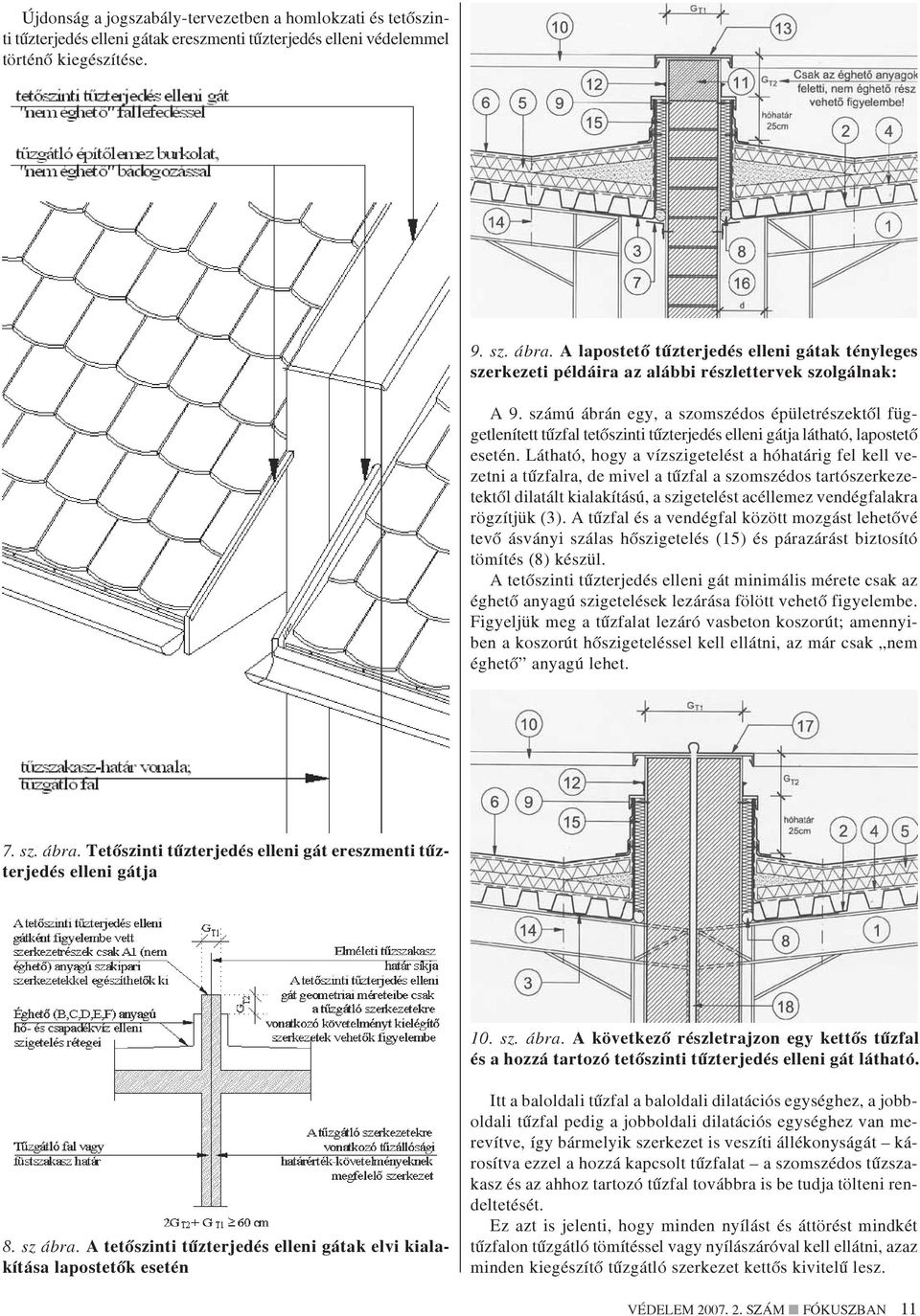 számú ábrán egy, a szomszédos épületrészektõl függetlenített tûzfal tetõszinti tûzterjedés elleni gátja látható, lapostetõ esetén.
