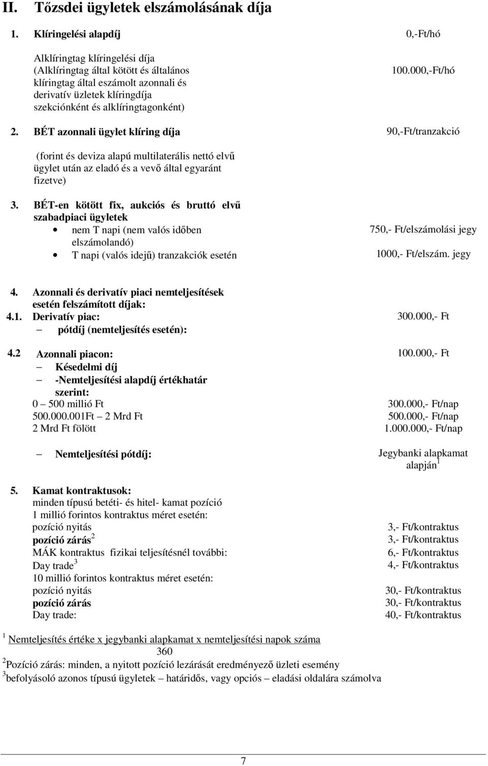 BÉT azonnali ügylet klíring díja 0,-Ft/hó 100.000,-Ft/hó 90,-Ft/tranzakció (forint és deviza alapú multilaterális nettó elvű ügylet után az eladó és a vevő által egyaránt fizetve) 3.