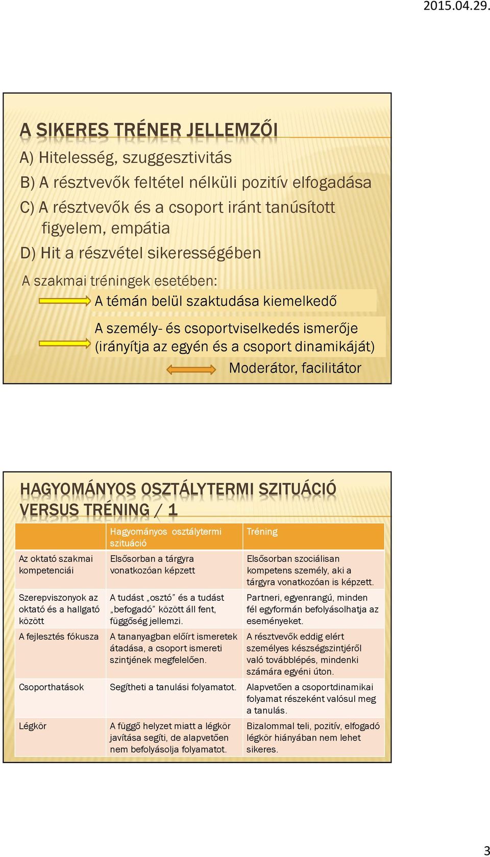 HAGYOMÁNYOS OSZTÁLYTERMI SZITUÁCIÓ VERSUS TRÉNING / 1 Az oktató szakmai kompetenciái Szerepviszonyok az oktató és a hallgató között A fejlesztés fókusza Hagyományos osztálytermi szituáció Elsősorban