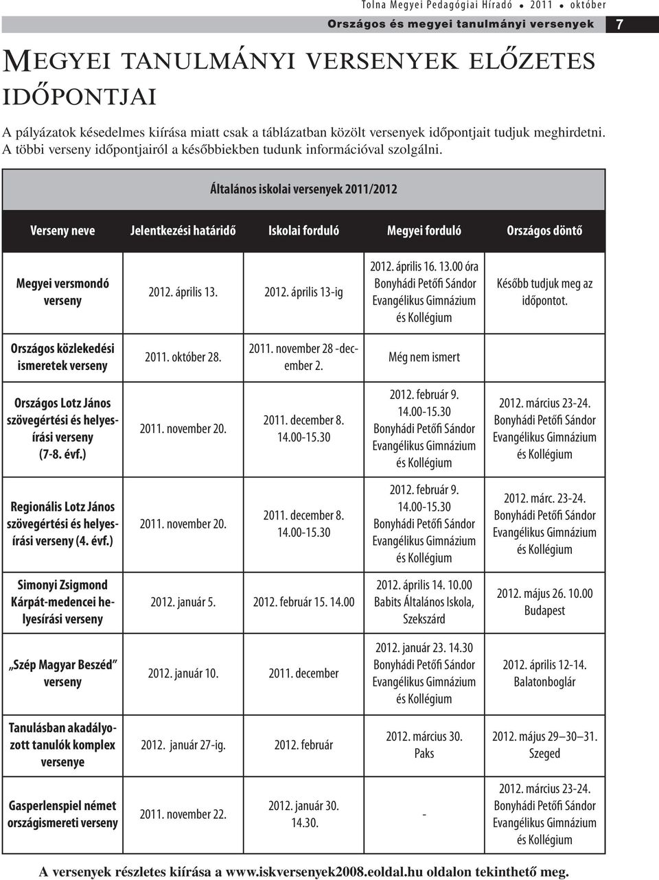 Általános iskolai versenyek 2011/2012 Verseny neve Jelentkezési határidő Iskolai forduló Megyei forduló Országos döntő Megyei versmondó verseny 2012. április 13. 2012. április 13-ig 2012. április 16.