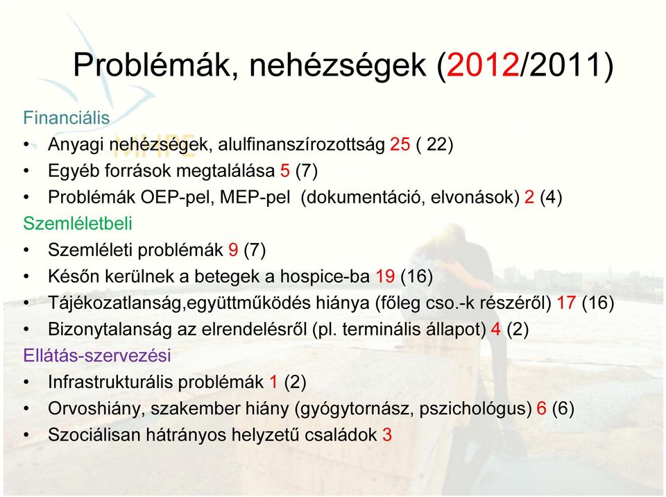 Tájékozatlanság,együttműködés hiánya (főleg cso.-k részéről) 17 (16) Bizonytalanság az elrendelésről (pl.