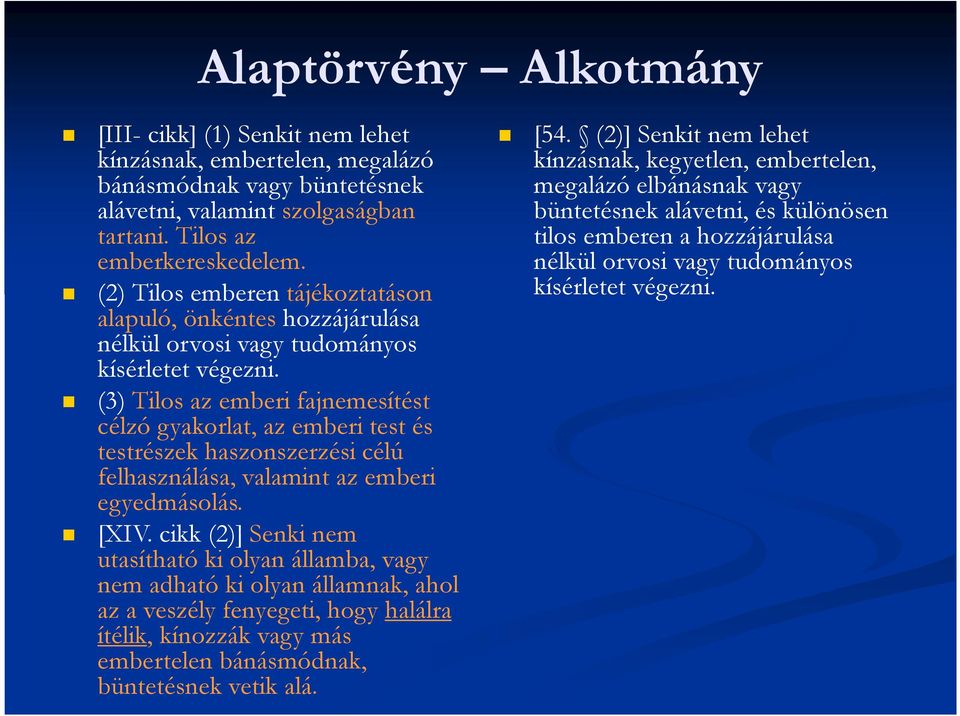 (3) Tilos az emberi fajnemesítést célzó gyakorlat, az emberi test és testrészek haszonszerzési célú felhasználása, valamint az emberi egyedmásolás. [XIV.