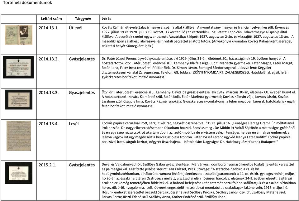 augusztus 13-án. A második lapon sajátkezű aláírásával és hivatali pecséttel ellátott fotója. (Anyakönyvi kivonatán Kovács Kálmánként szerepel, születési helyét Sümegként írják.) 2014.13.2. Gyászjelentés Dr.
