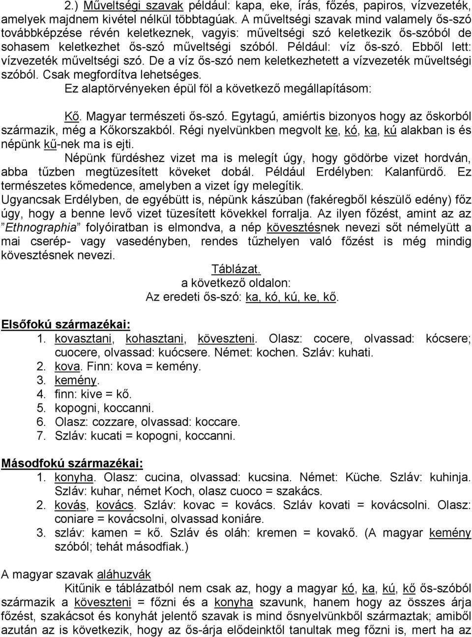 Ebből lett: vízvezeték műveltségi szó. De a víz ős-szó nem keletkezhetett a vízvezeték műveltségi szóból. Csak megfordítva lehetséges. Ez alaptörvényeken épül föl a következő megállapításom: Kő.