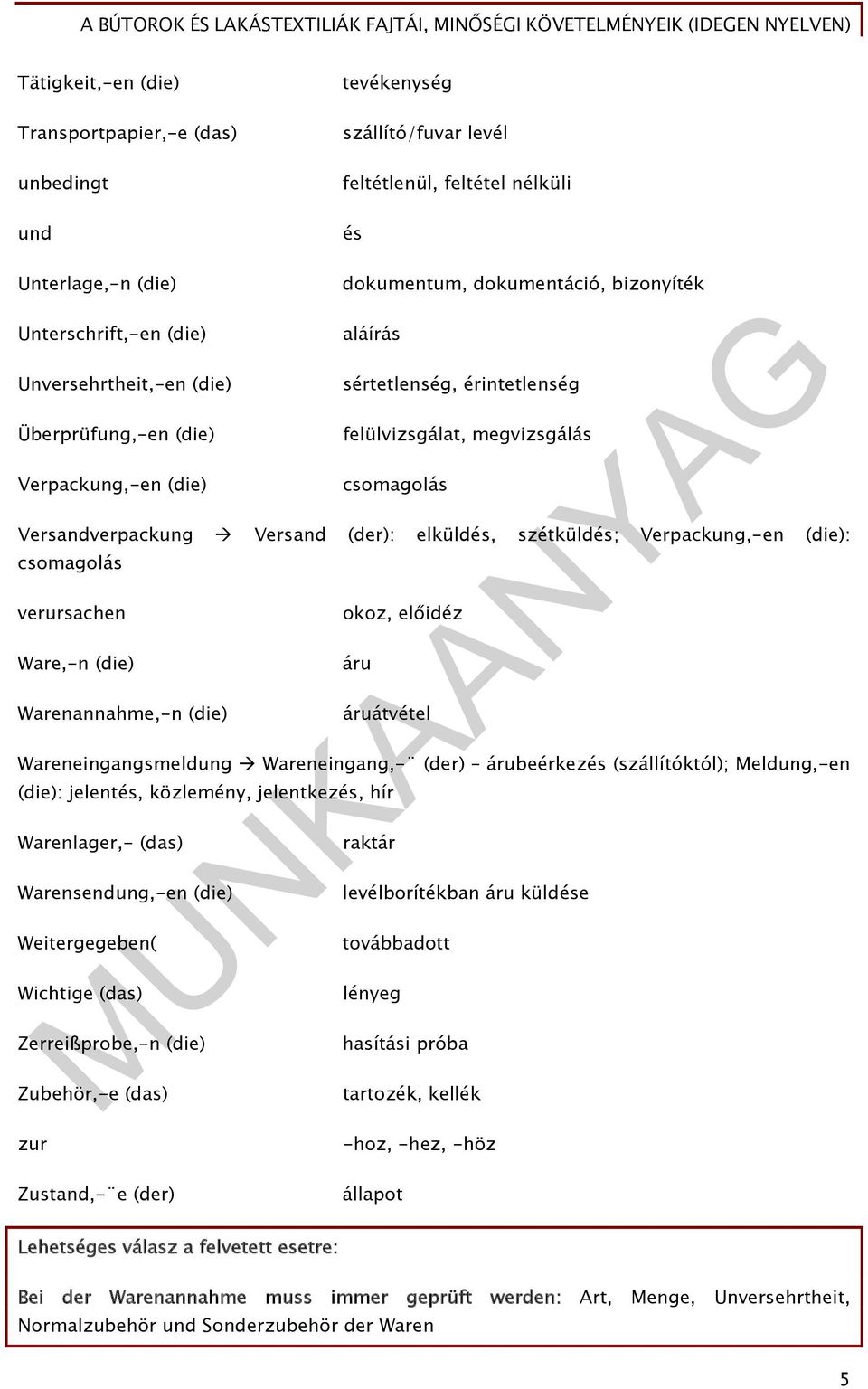 szétküldés; Verpackung,-en (die): csomagolás verursachen Ware,-n (die) Warenannahme,-n (die) okoz, előidéz áru áruátvétel Wareneingangsmeldung Wareneingang,- (der) árubeérkezés (szállítóktól);