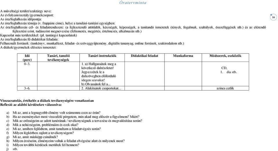 összefüggések stb.) és az elérendő fejlesztési szint, tudásszint megnevezése (felismerés, megértés, értelmezés, alkalmazás stb.) Kapcsolat más területekkel: (pl.