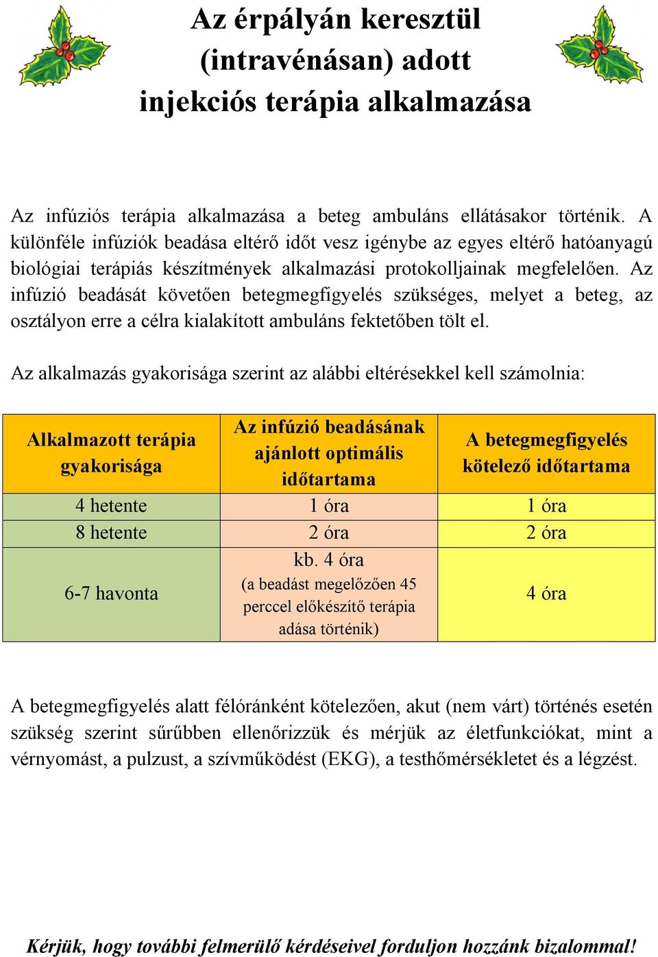 Az infúzió beadását követően betegmegfigyelés szükséges, melyet a beteg, az osztályon erre a célra kialakított ambuláns fektetőben tölt el.