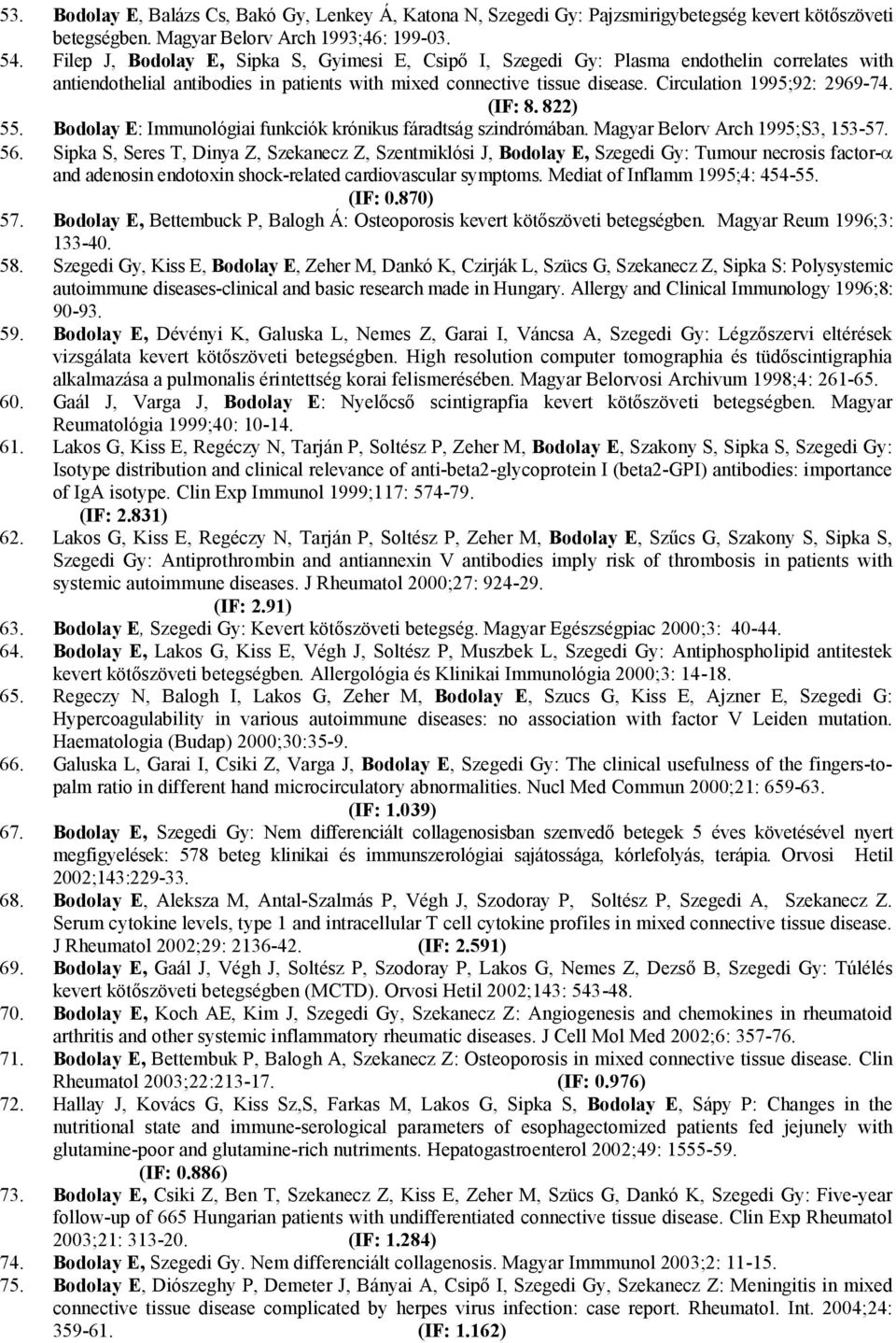 Circulation 1995;92: 2969-74. (IF: 8. 822) 55. Bodolay E: Immunológiai funkciók krónikus fáradtság szindrómában. Magyar Belorv Arch 1995;S3, 153-57. 56.