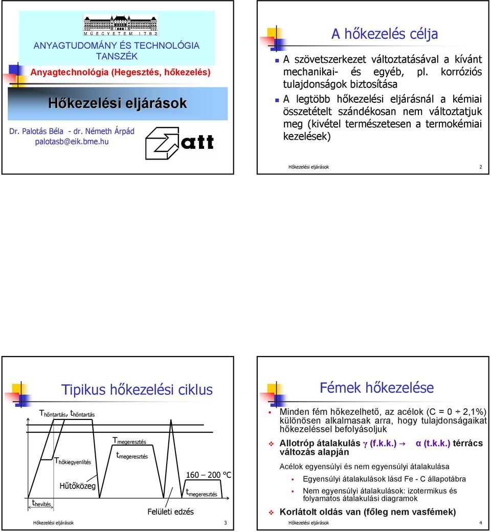 korróziós ulajdonságok bizosíása legöbb hőkezelési eljárásnál a kémiai összeéel szándékosan nem válozajuk meg (kivéel ermészeesen a ermokémiai kezelések) Hőkezelési eljárások 2 ipikus hőkezelési