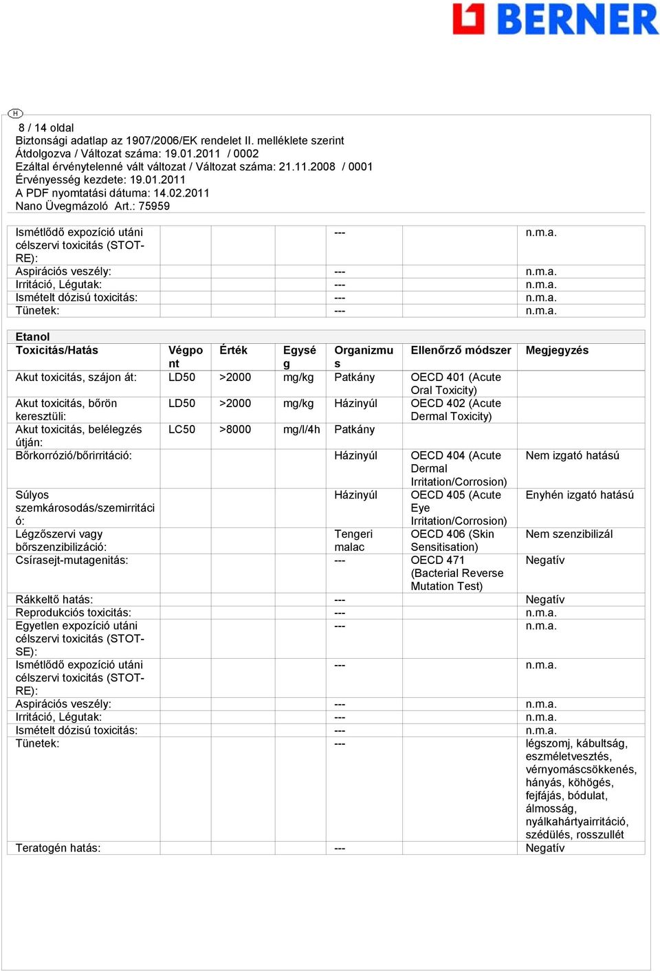 Házinyúl OECD 402 (Acute Dermal Toxicity) Akut toxicitás, belélegzés LC50 >8000 mg/l/4h Patkány útján: Bőrkorrózió/bőrirritáció: Házinyúl OECD 404 (Acute Nem izgató hatású Dermal